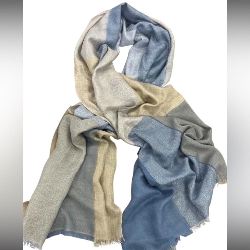 ✅SOLD ✅Loro Piana Blue, Gray and Beige Colorblock Cashmere Blend Scarf